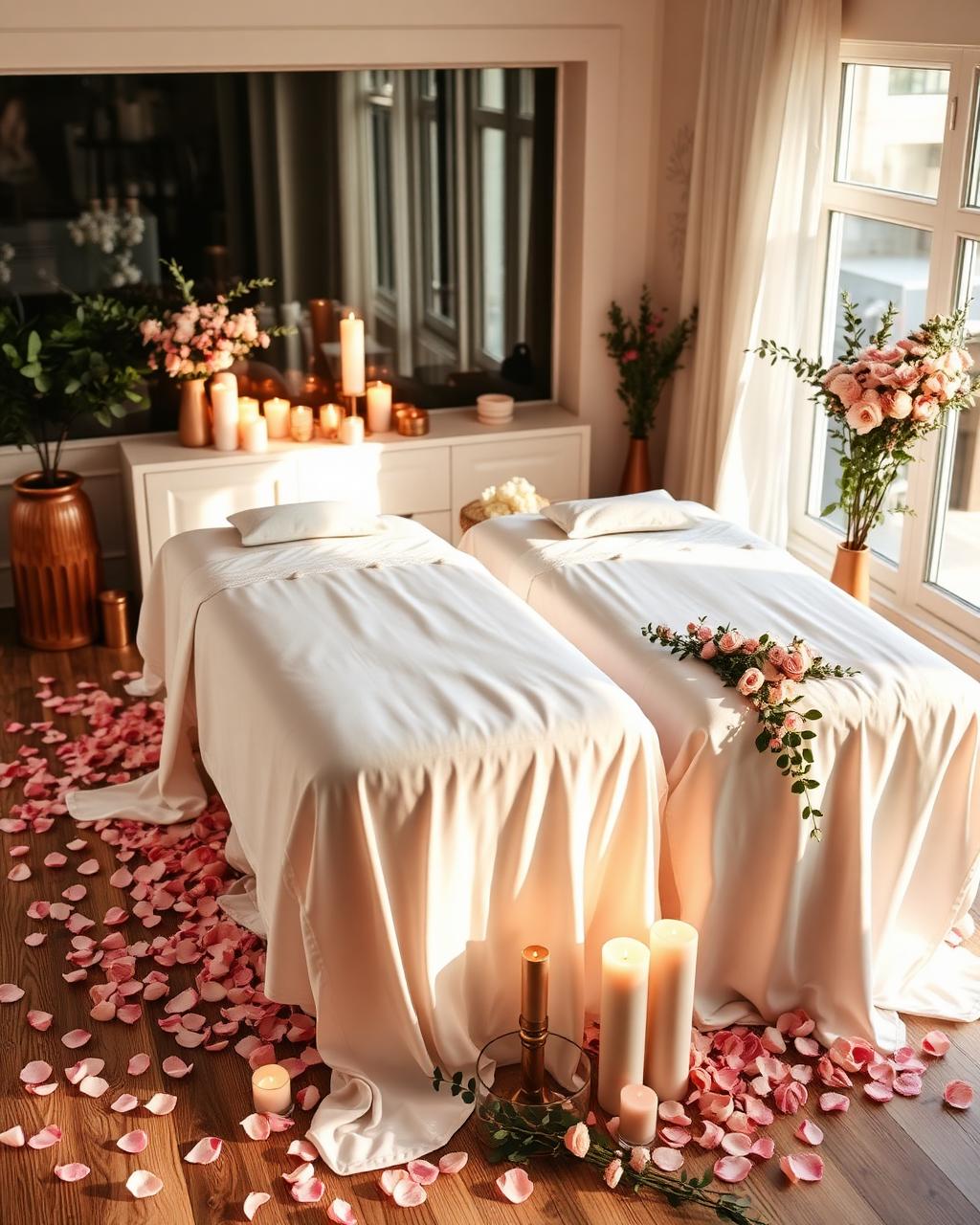 Two massage tables set up with rose petals and candles for a couples spa day at home