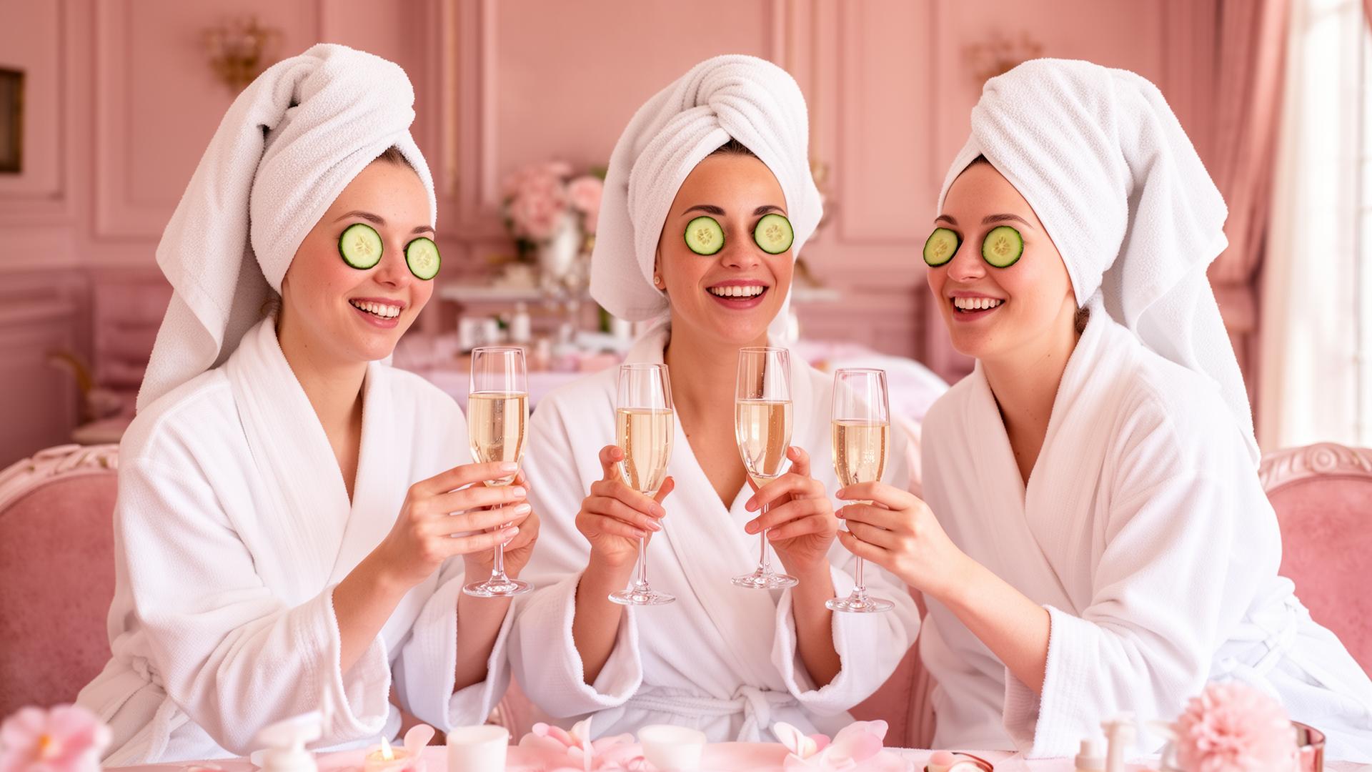 Three women enjoying a luxury pamper party with champagne
